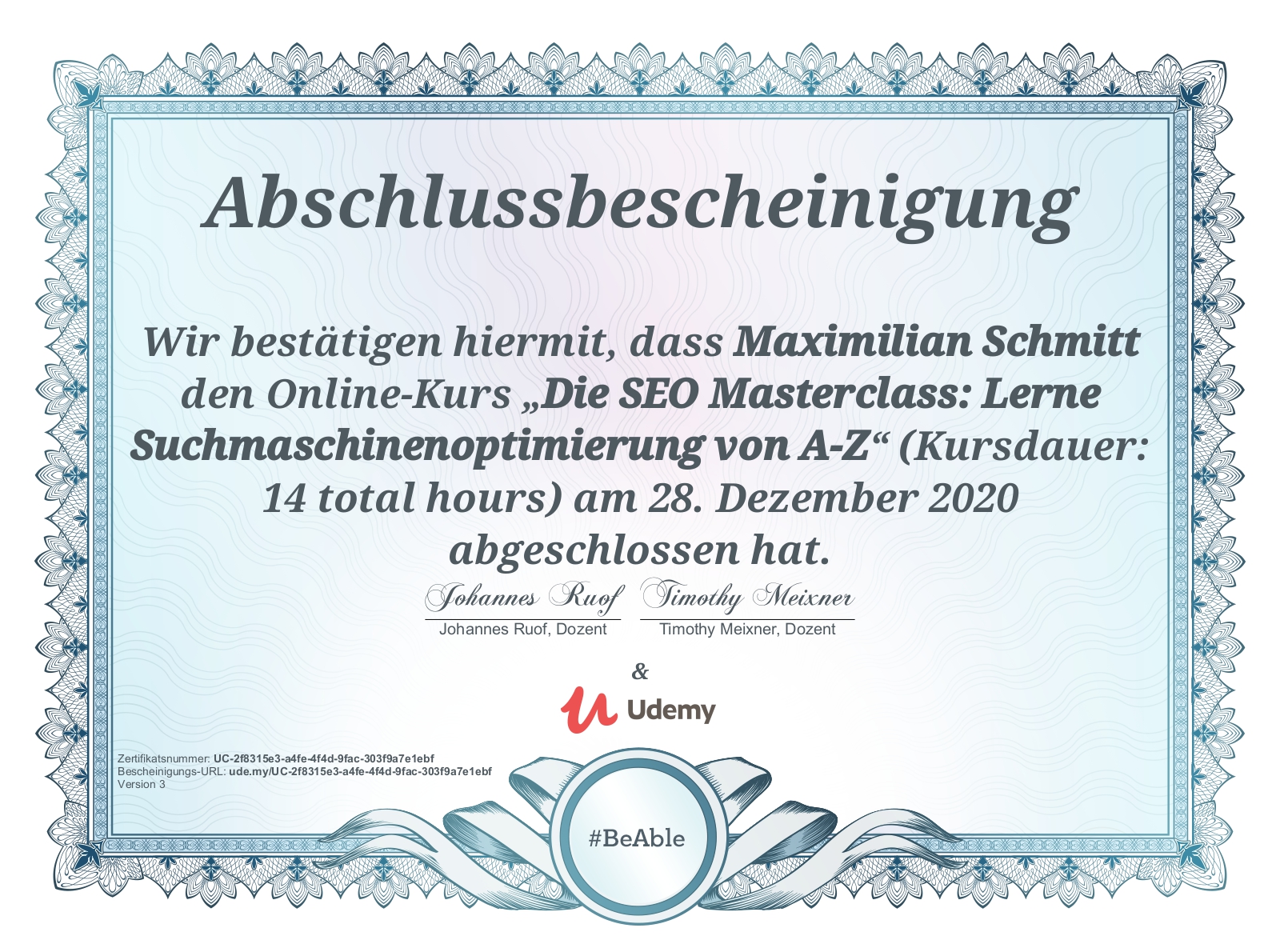 Zerfitikat für Suchmaschinenoptimierung